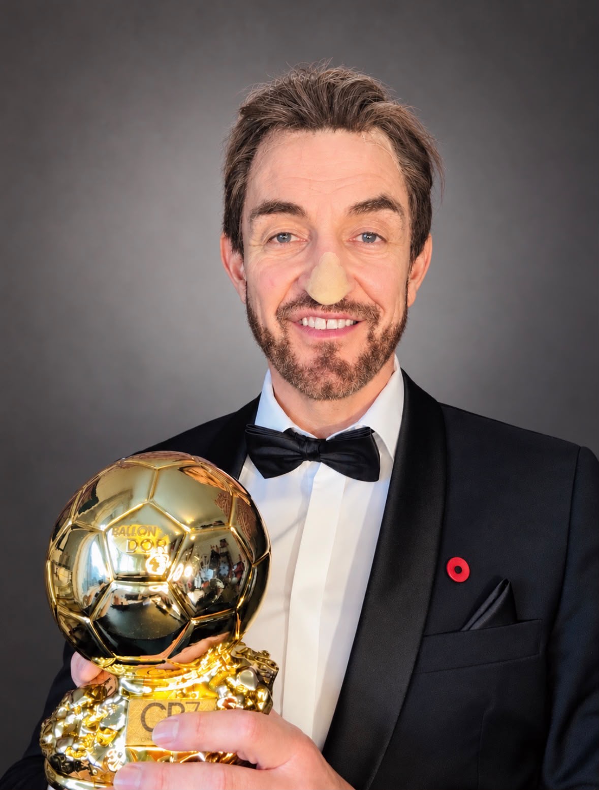 Matze Knop als Kult-Kane im Smoking mit goldenem Fußballpokal